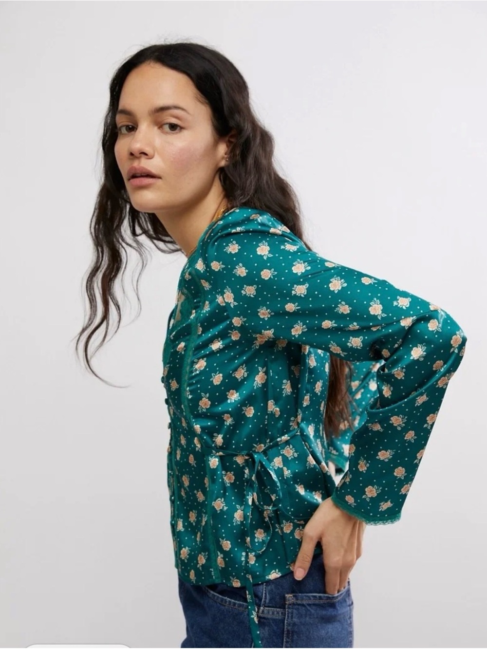 Free People Field Of Roses Button-Front Long Sleeve FloralSatin Teal Blouse NWOT - Picture 3 of 10